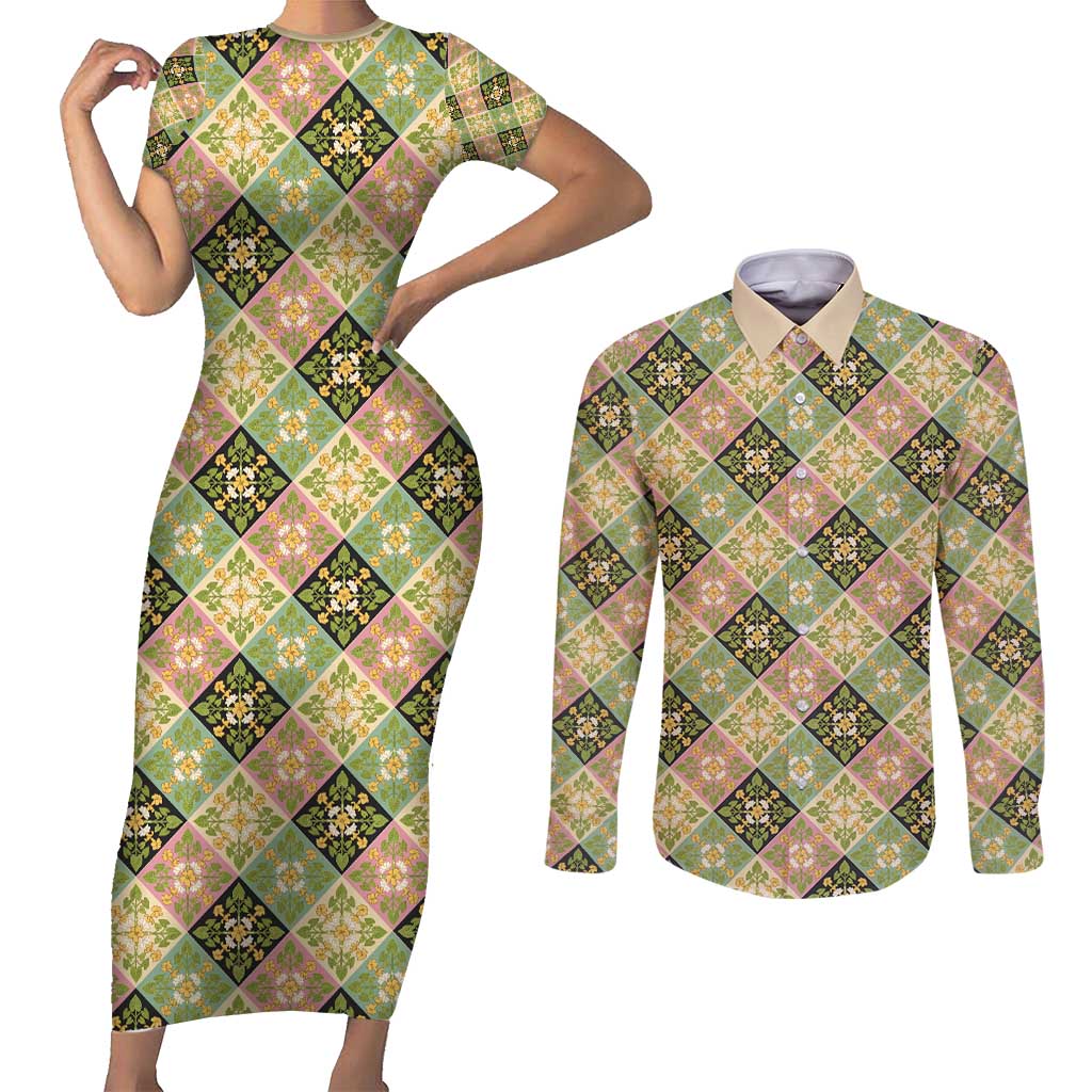 Seamless Pattern Puakenikeni and Kalo Couples Matching Short Sleeve Bodycon Dress and Long Sleeve Button Shirt LT9 Beige - Polynesian Pride