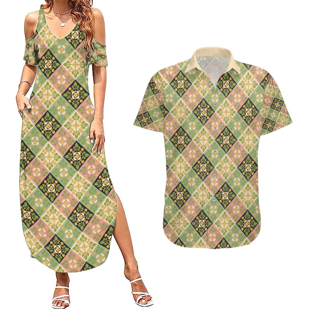 Seamless Pattern Puakenikeni and Kalo Couples Matching Summer Maxi Dress and Hawaiian Shirt - Polynesian Pride