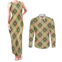 Seamless Pattern Puakenikeni and Kalo Couples Matching Tank Maxi Dress and Long Sleeve Button Shirt LT9 Beige - Polynesian Pride