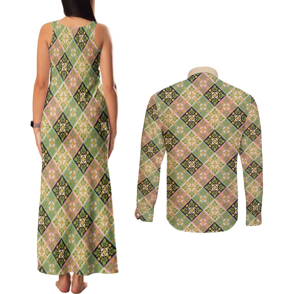 Seamless Pattern Puakenikeni and Kalo Couples Matching Tank Maxi Dress and Long Sleeve Button Shirt LT9 - Polynesian Pride