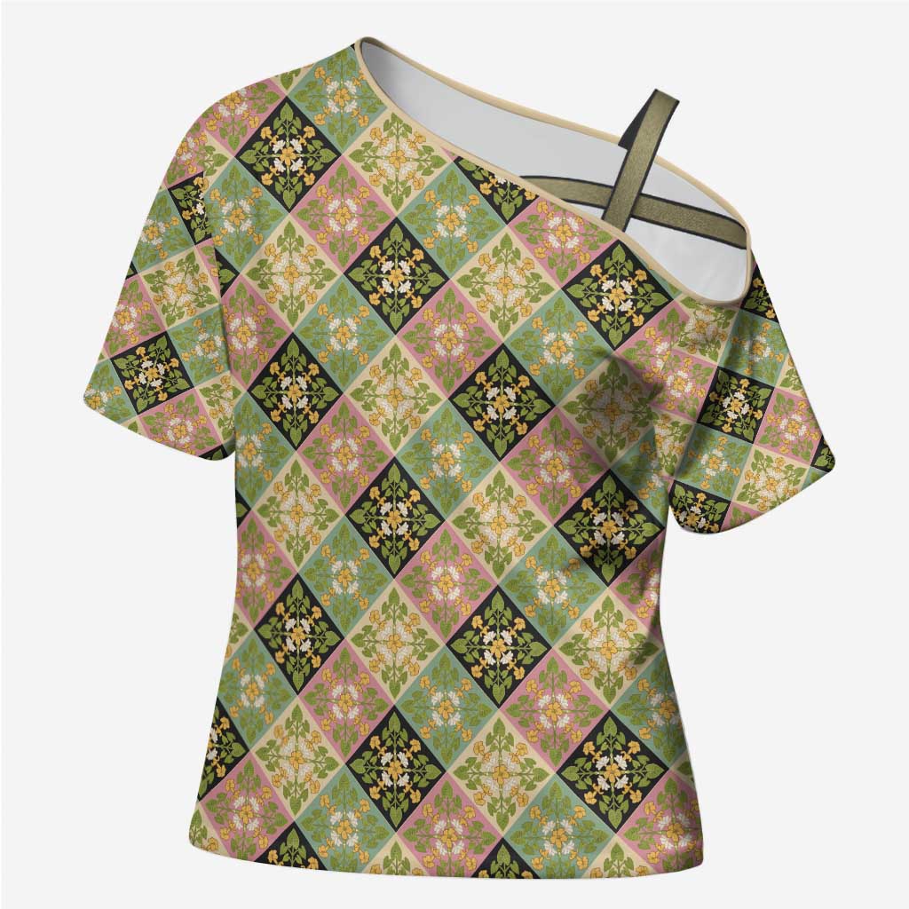 Seamless Pattern Puakenikeni and Kalo Cross Shoulder Shirt LT9 Female Beige - Polynesian Pride