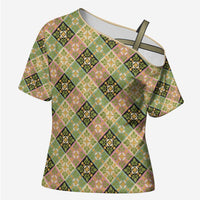 Seamless Pattern Puakenikeni and Kalo Cross Shoulder Shirt LT9 Female Beige - Polynesian Pride