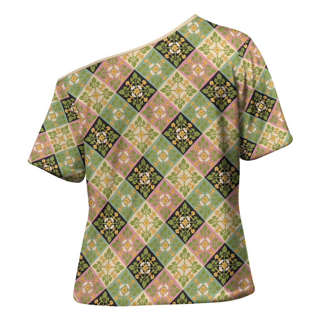 Seamless Pattern Puakenikeni and Kalo Cross Shoulder Shirt LT9 - Polynesian Pride
