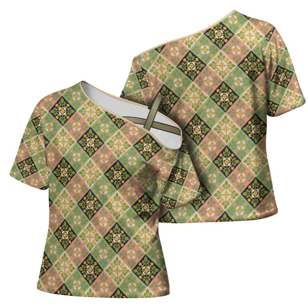 Seamless Pattern Puakenikeni and Kalo Cross Shoulder Shirt LT9 - Polynesian Pride