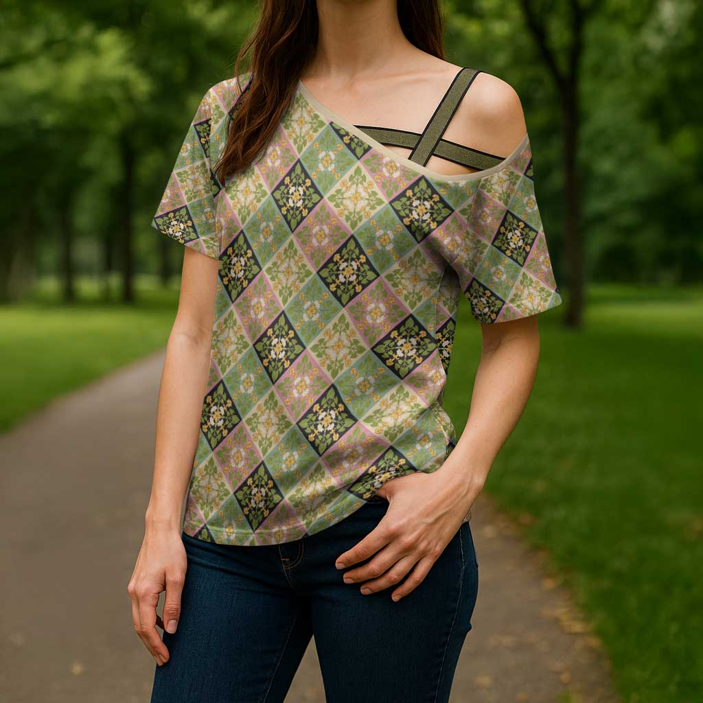 Seamless Pattern Puakenikeni and Kalo Cross Shoulder Shirt LT9 - Polynesian Pride