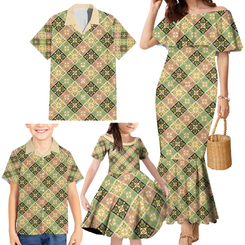 Seamless Pattern Puakenikeni and Kalo Family Matching Mermaid Dress and Hawaiian Shirt - Polynesian Pride
