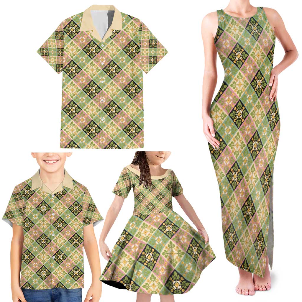 Seamless Pattern Puakenikeni and Kalo Family Matching Tank Maxi Dress and Hawaiian Shirt - Polynesian Pride