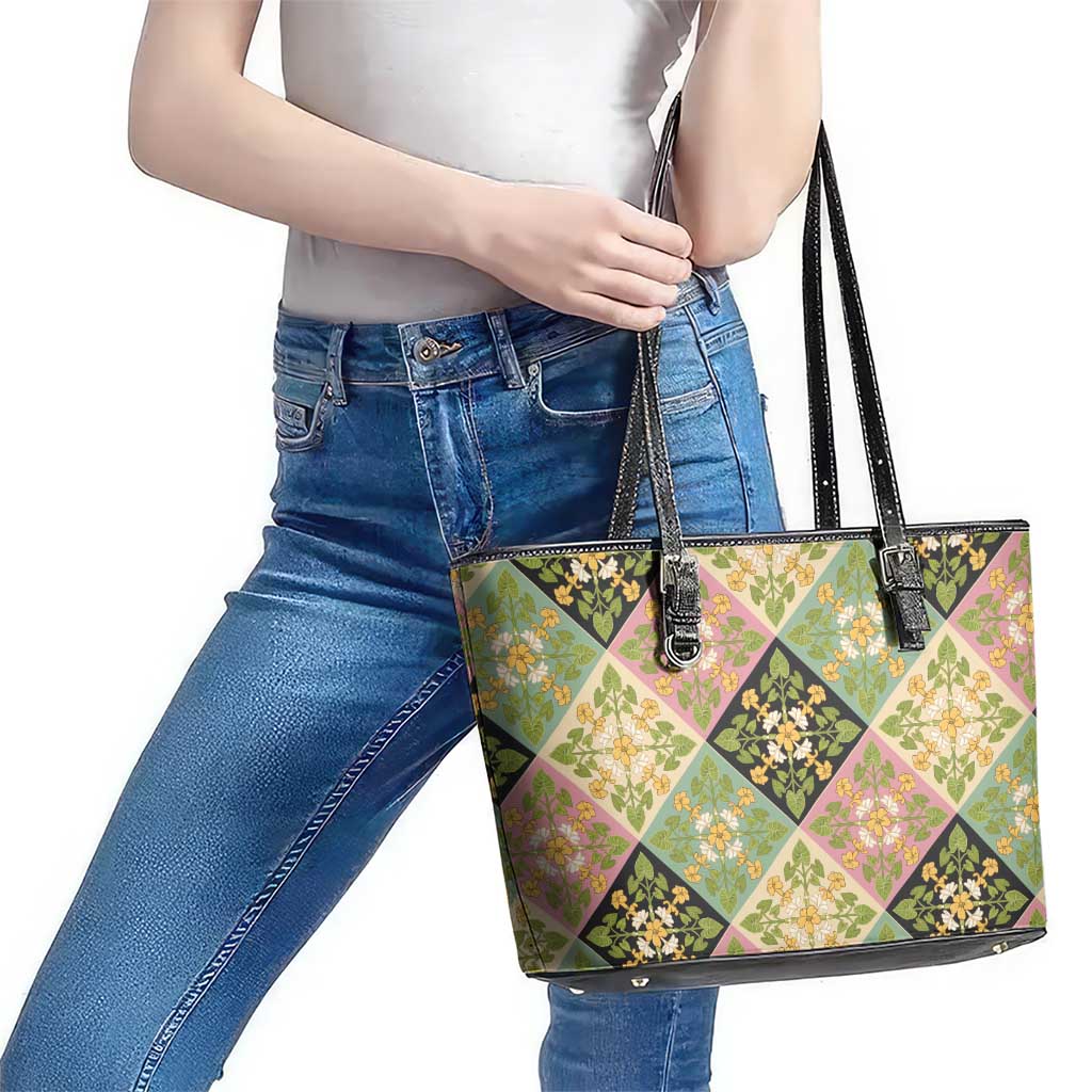 Seamless Pattern Puakenikeni and Kalo Leather Tote Bag - Polynesian Pride