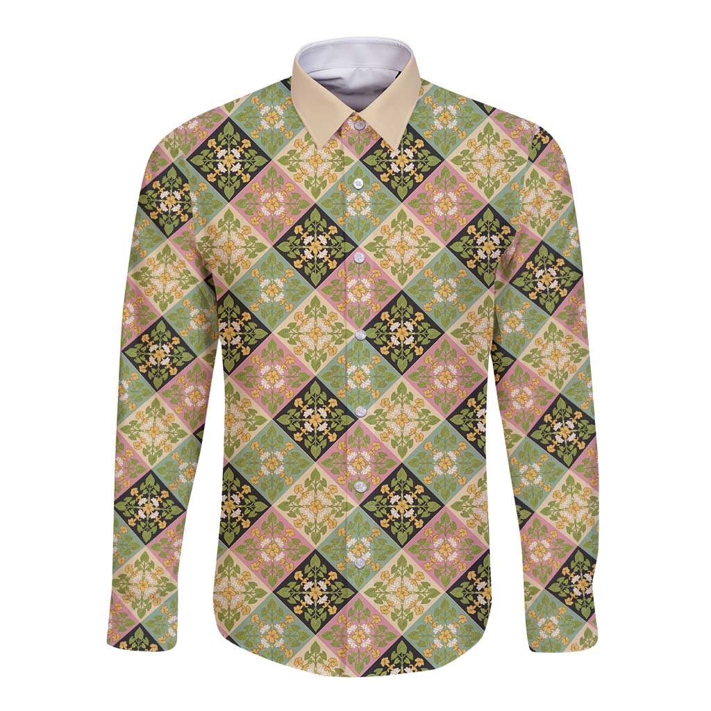 Seamless Pattern Puakenikeni and Kalo Long Sleeve Button Shirt LT9 Unisex Beige - Polynesian Pride