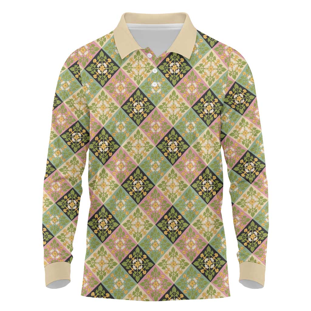 Seamless Pattern Puakenikeni and Kalo Long Sleeve Polo Shirt LT9 Beige - Polynesian Pride