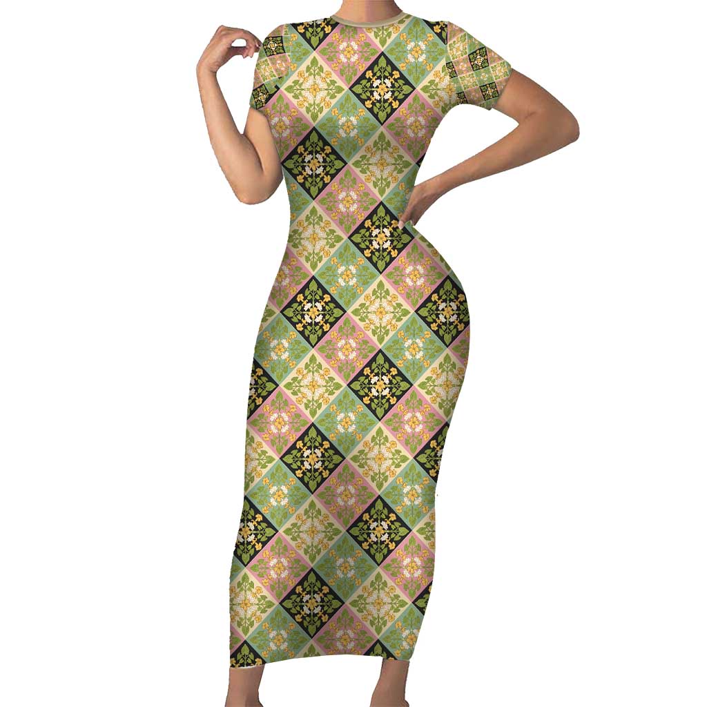 Seamless Pattern Puakenikeni and Kalo Short Sleeve Bodycon Dress - Polynesian Pride