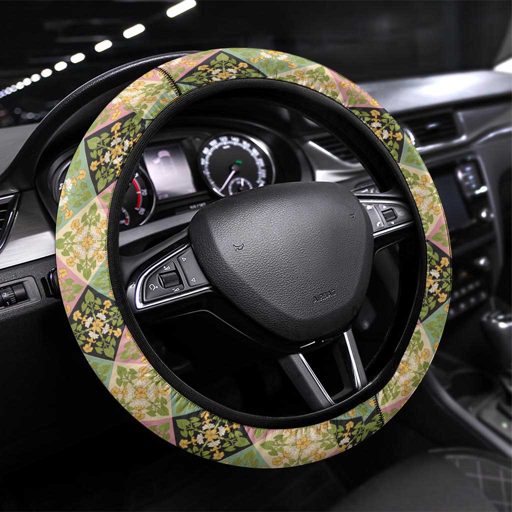 Seamless Pattern Puakenikeni and Kalo Steering Wheel Cover LT9 Universal Fit Beige - Polynesian Pride