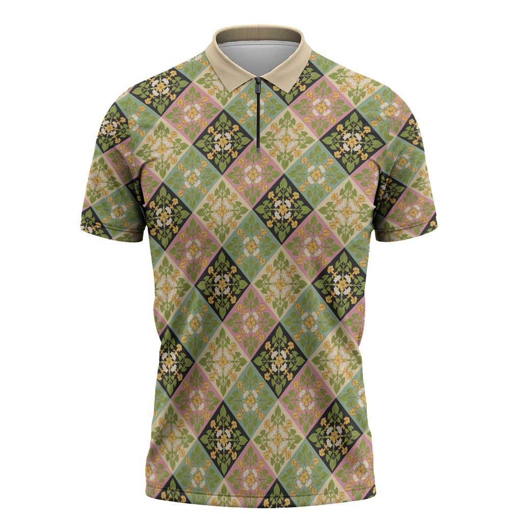 Seamless Pattern Puakenikeni and Kalo Zipper Polo Shirt LT9 Beige - Polynesian Pride