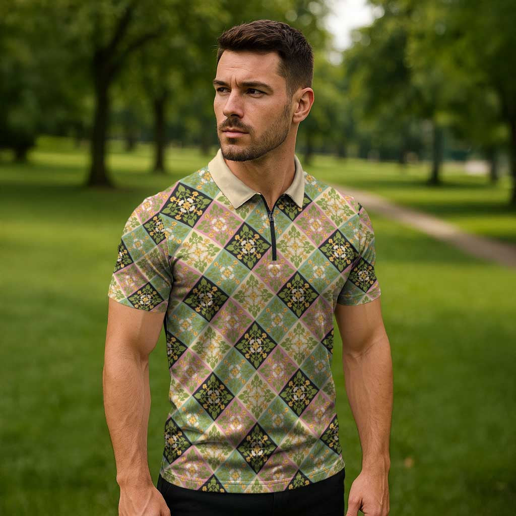 Seamless Pattern Puakenikeni and Kalo Zipper Polo Shirt LT9 - Polynesian Pride