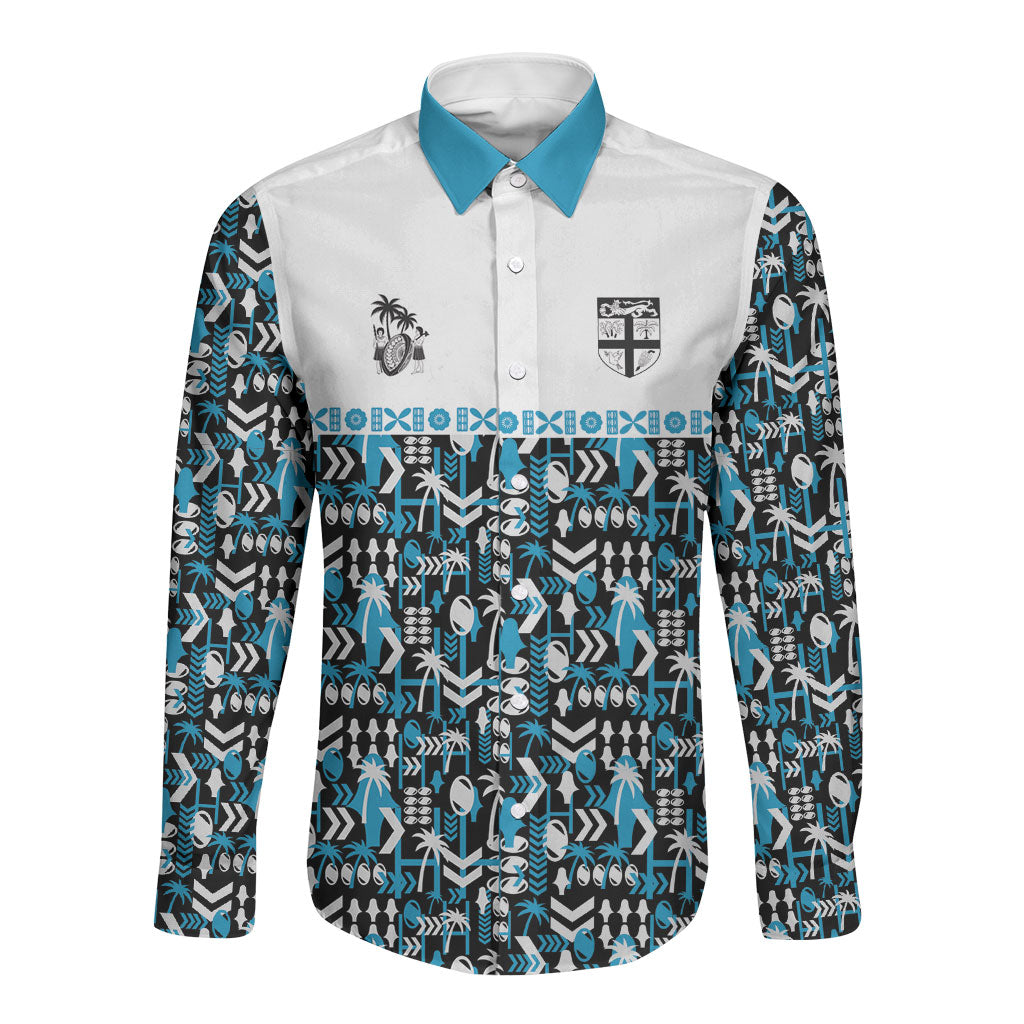 Fiji Bati Long Sleeve Button Shirt Bati Island Warrior Geometry LT9 Unisex Blue - Polynesian Pride