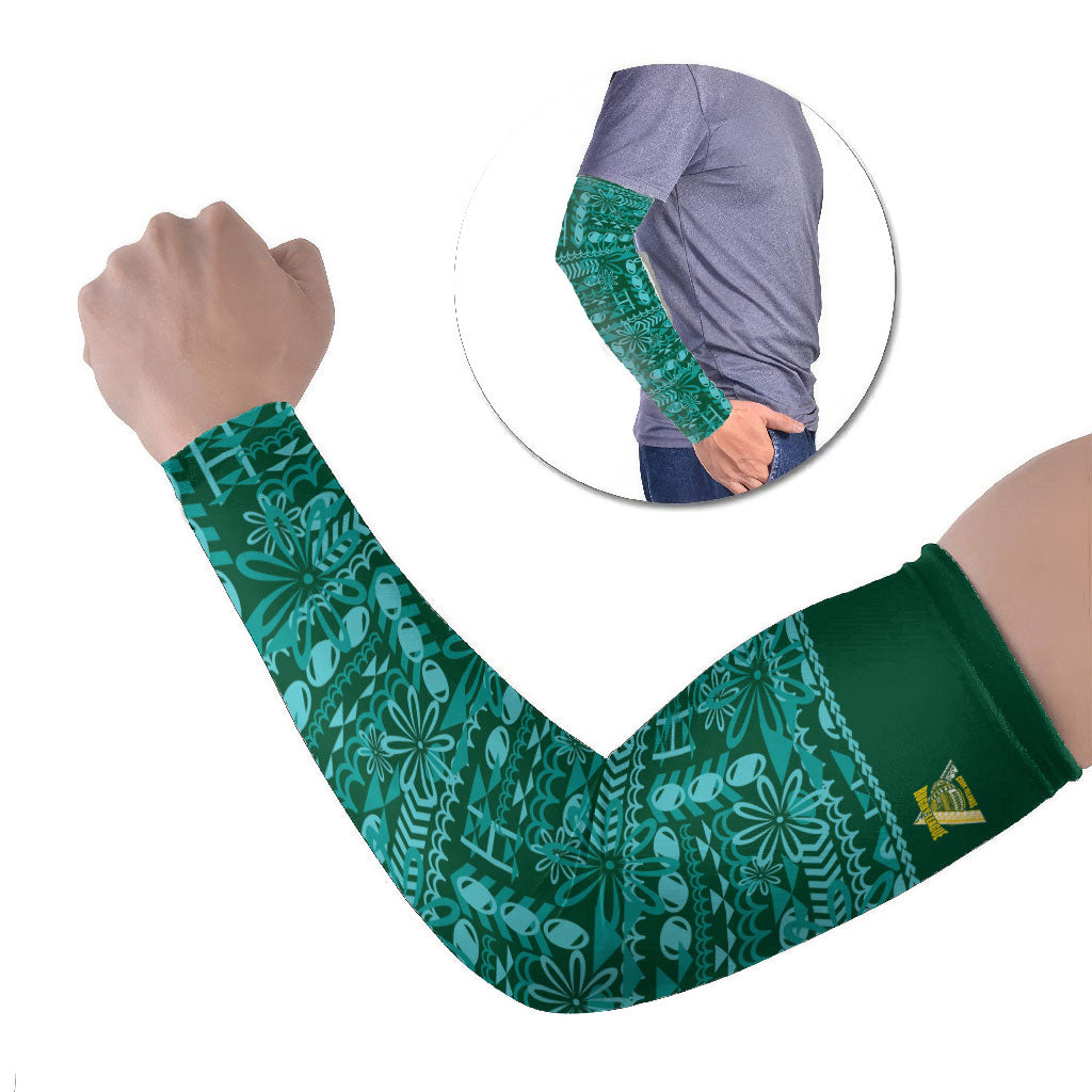 Cook Islands Island Floral Arm Sleeves Teal Traditional Kuki's Geometric Pattern LT9 Set of 2 Teal - Polynesian Pride