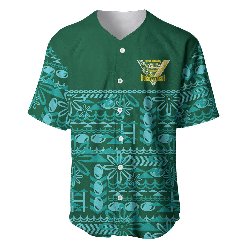Cook Islands Island Floral Baseball Jersey Teal Traditional Kuki's Geometric Pattern