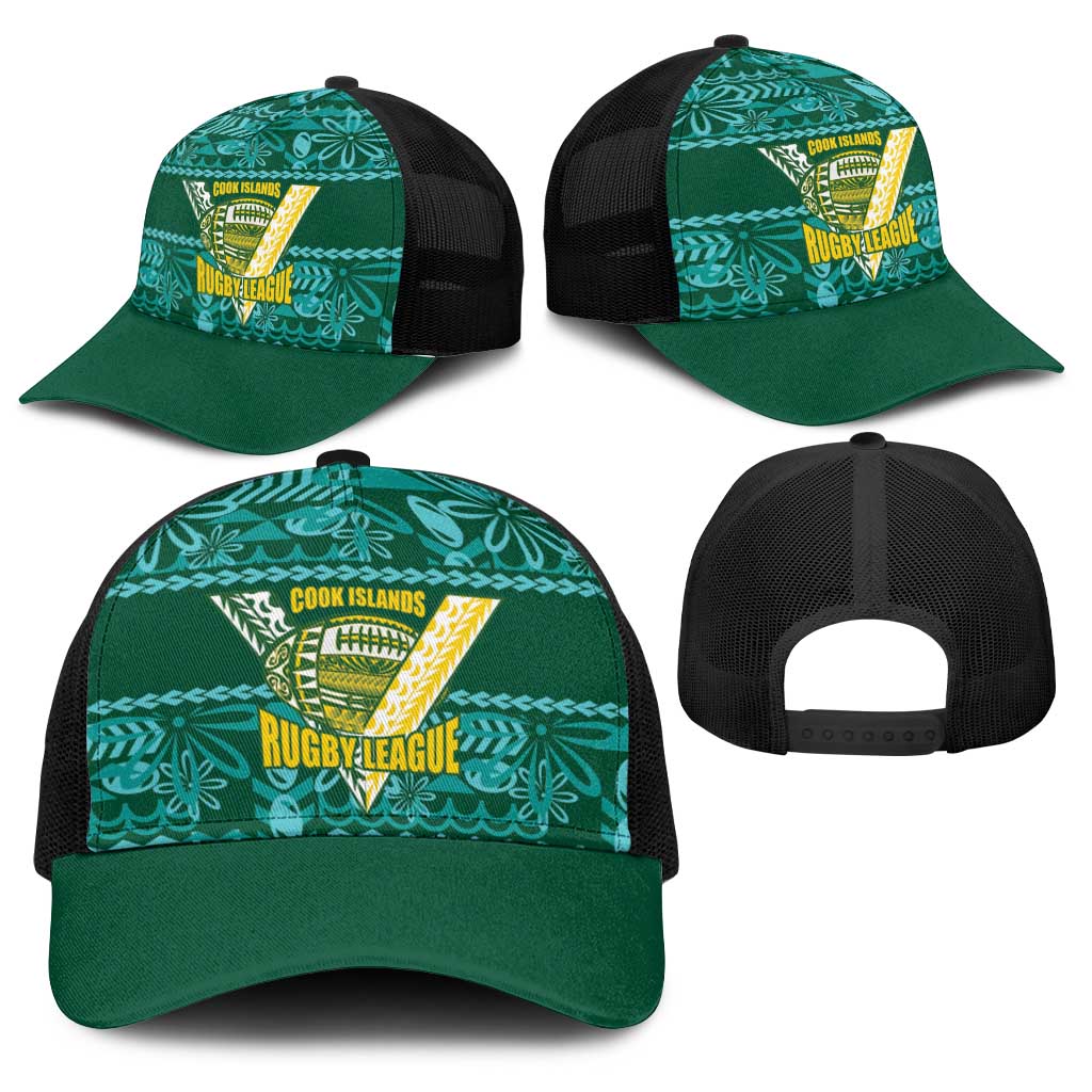 Cook Islands Island Floral Baseball Net Cap Teal Traditional Kuki's Geometric Pattern