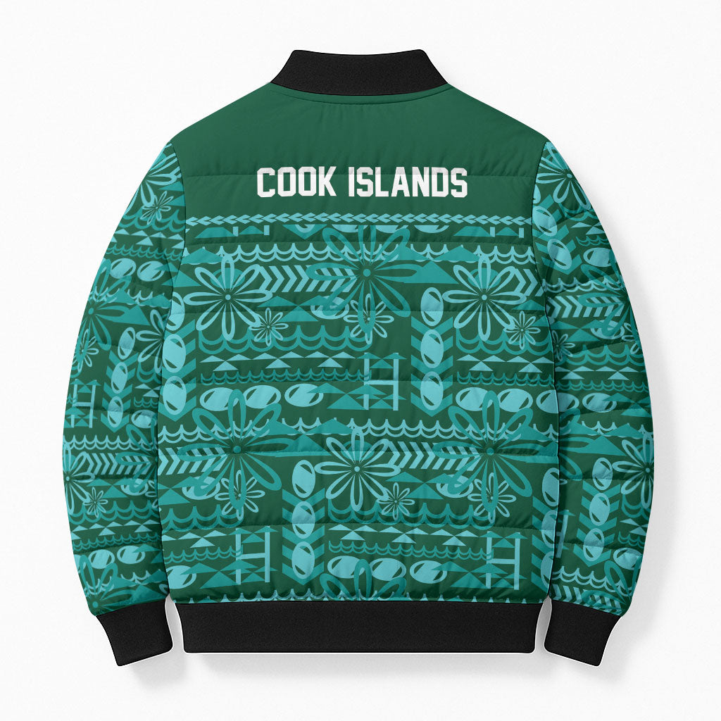 Cook Islands Island Floral Bomber Puffer Jacket Teal Traditional Kuki's Geometric Pattern LT9 - Polynesian Pride