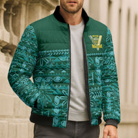 Cook Islands Island Floral Bomber Puffer Jacket Teal Traditional Kuki's Geometric Pattern LT9 - Polynesian Pride