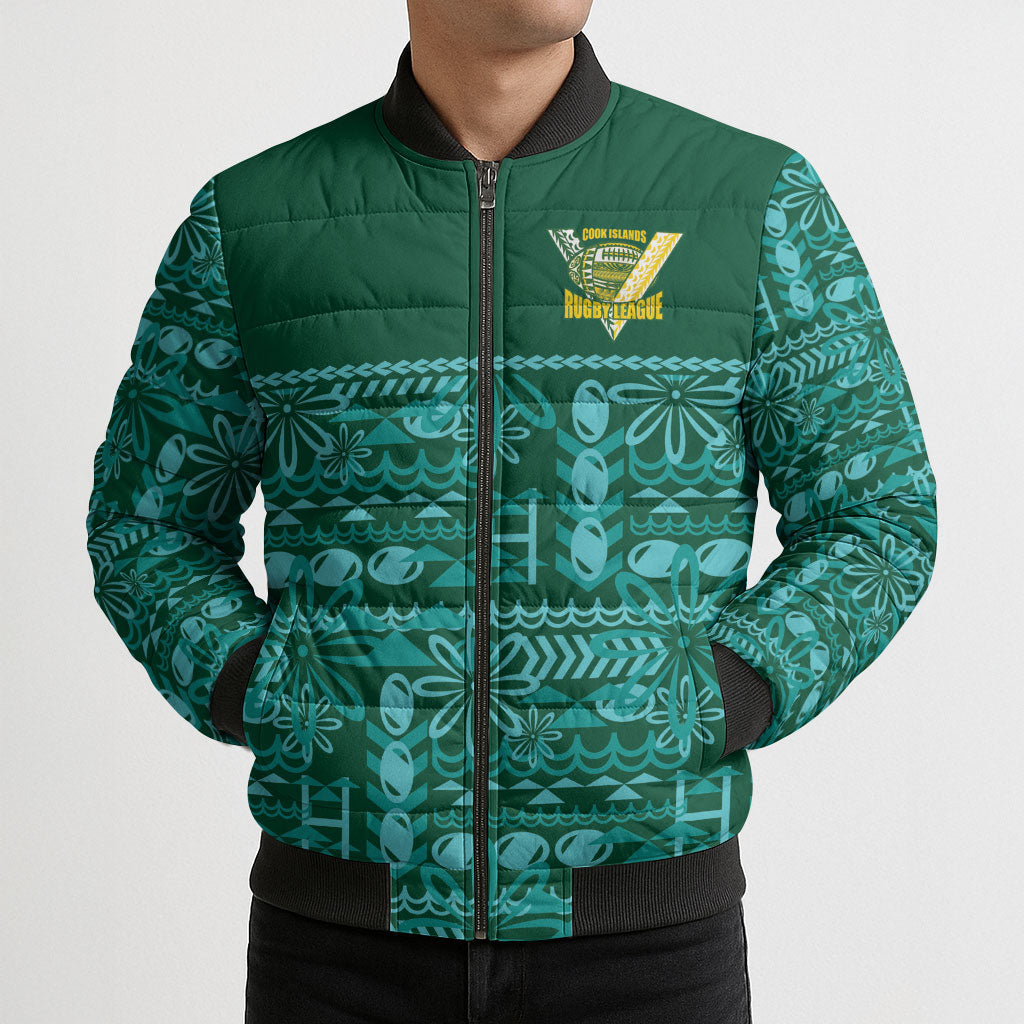 Cook Islands Island Floral Bomber Puffer Jacket Teal Traditional Kuki's Geometric Pattern LT9 - Polynesian Pride