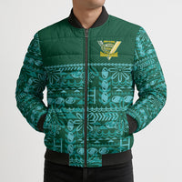 Cook Islands Island Floral Bomber Puffer Jacket Teal Traditional Kuki's Geometric Pattern LT9 - Polynesian Pride