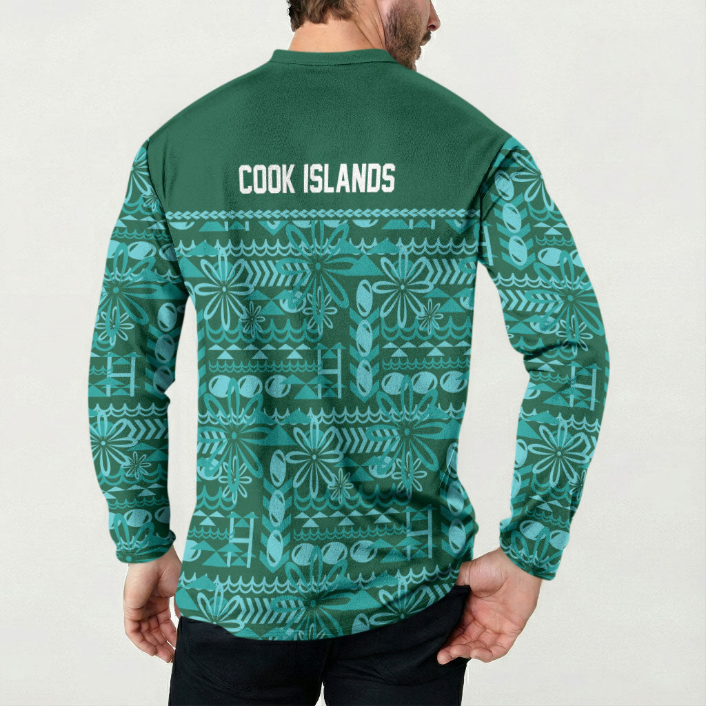 Cook Islands Island Floral Button Sweatshirt Teal Traditional Kuki's Geometric Pattern LT9 - Polynesian Pride