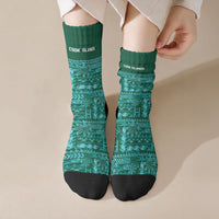 Cook Islands Island Floral Crew Socks Teal Traditional Kuki's Geometric Pattern LT9 Crew Socks Teal - Polynesian Pride