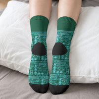 Cook Islands Island Floral Crew Socks Teal Traditional Kuki's Geometric Pattern LT9 - Polynesian Pride