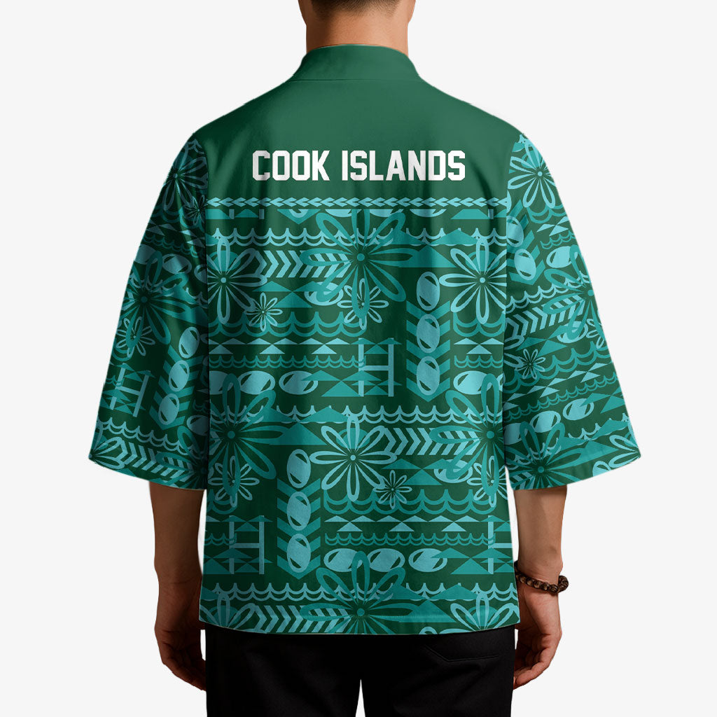 Cook Islands Island Floral Kimono Teal Traditional Kuki's Geometric Pattern LT9 - Polynesian Pride