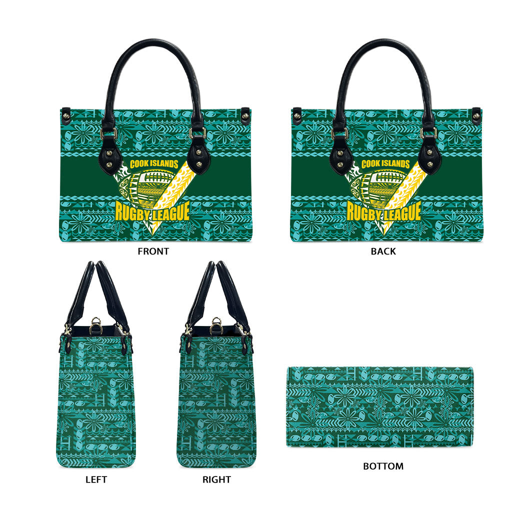 Cook Islands Island Floral Leather Bag Teal Traditional Kuki's Geometric Pattern LT9 - Polynesian Pride