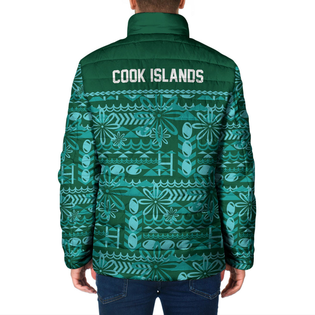 Cook Islands Island Floral Padded Jacket Teal Traditional Kuki's Geometric Pattern LT9 - Polynesian Pride