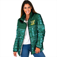 Cook Islands Island Floral Padded Jacket Teal Traditional Kuki's Geometric Pattern LT9 Women Teal - Polynesian Pride