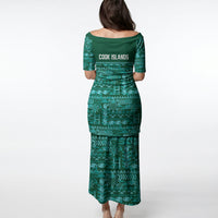 Cook Islands Island Floral Puletasi Teal Traditional Kuki's Geometric Pattern LT9 - Polynesian Pride