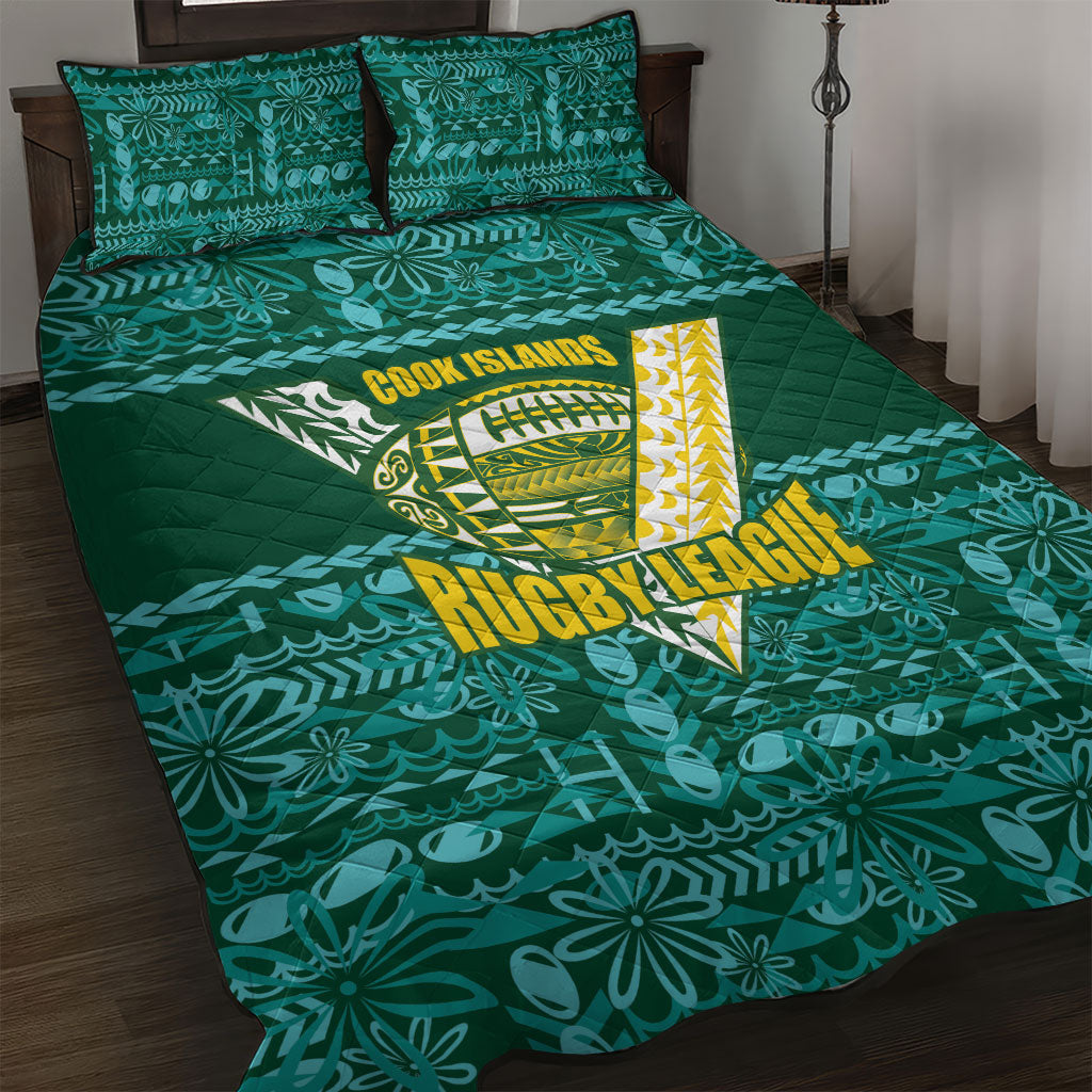 Cook Islands Island Floral Quilt Bed Set Teal Traditional Kuki's Geometric Pattern LT9 Teal - Polynesian Pride