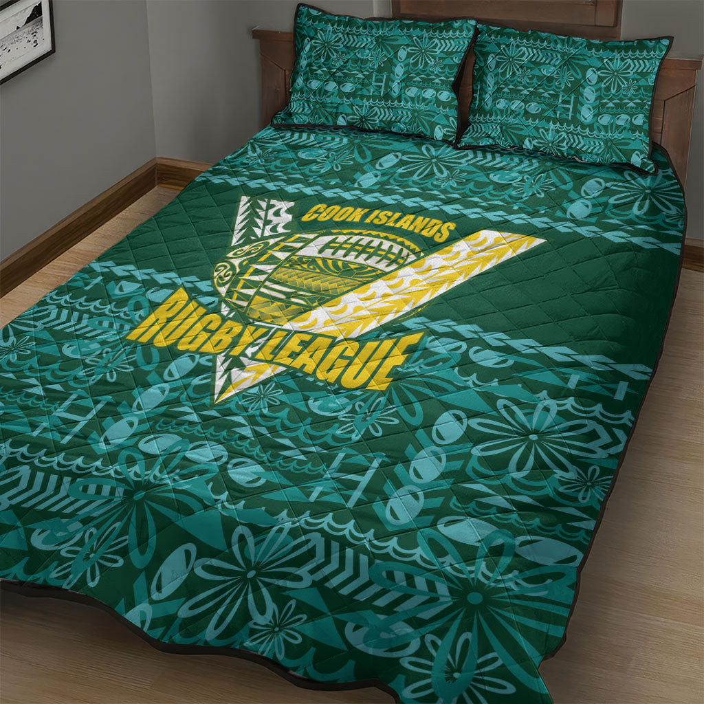 Cook Islands Island Floral Quilt Bed Set Teal Traditional Kuki's Geometric Pattern LT9 - Polynesian Pride