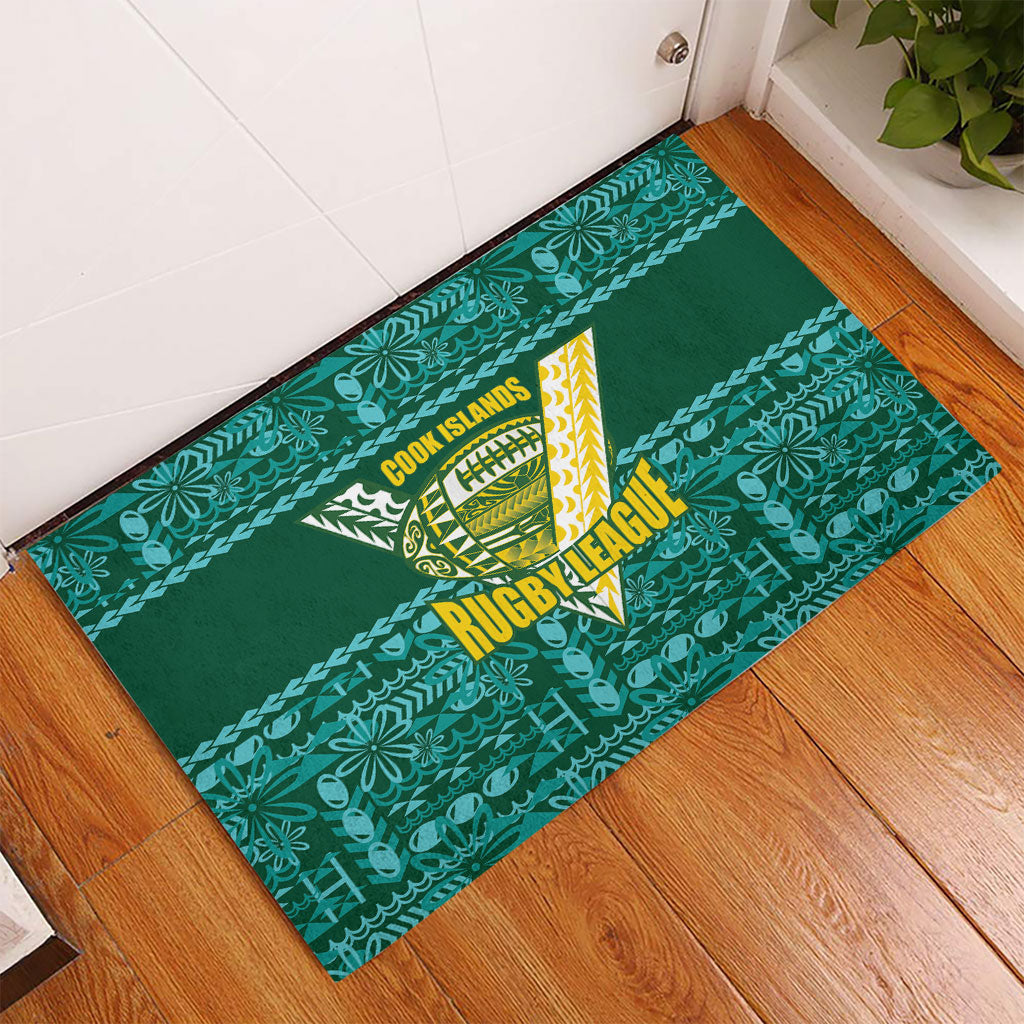 Cook Islands Island Floral Rubber Doormat Teal Traditional Kuki's Geometric Pattern LT9 - Polynesian Pride
