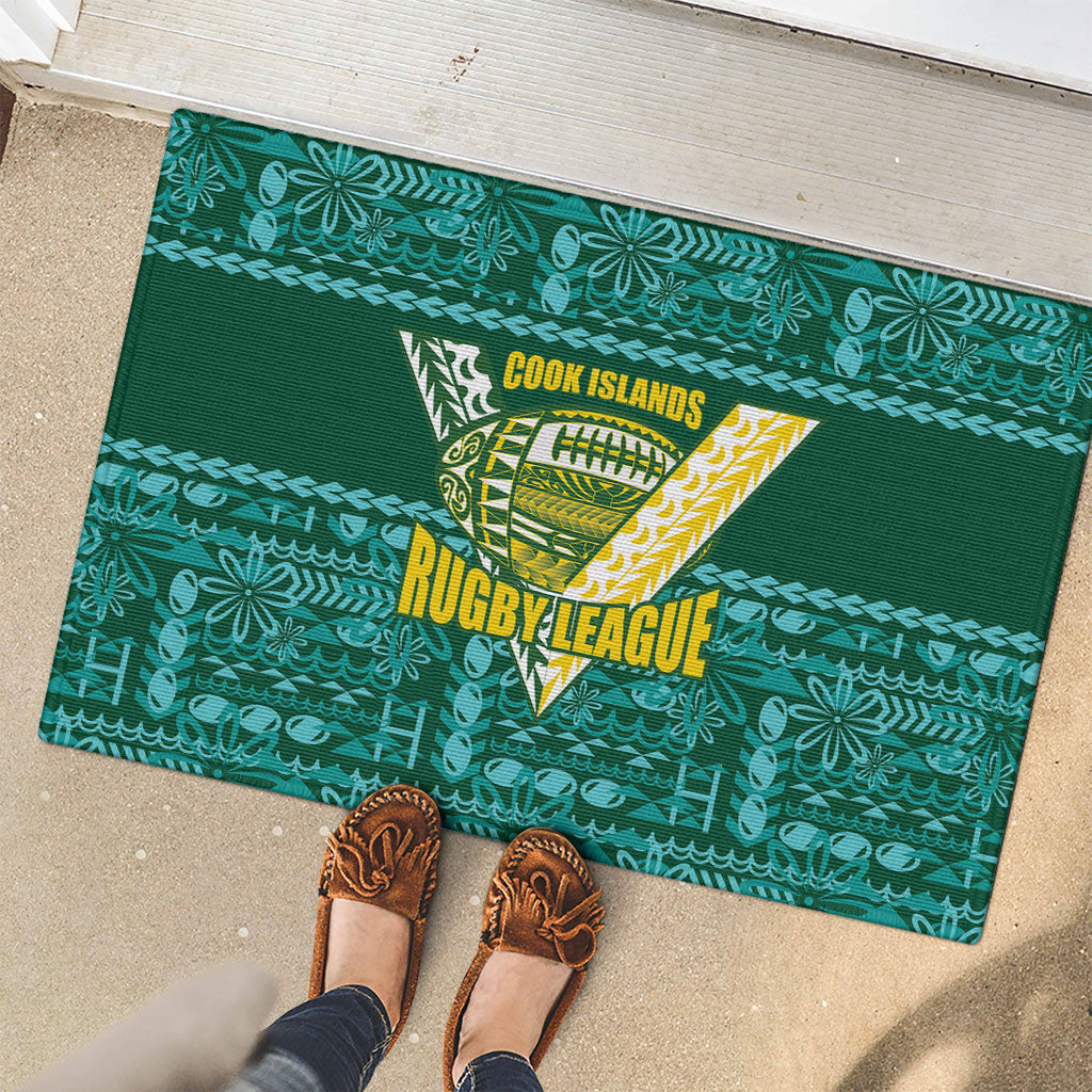 Cook Islands Island Floral Rubber Doormat Teal Traditional Kuki's Geometric Pattern LT9 - Polynesian Pride