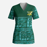 Cook Islands Island Floral Scrub Top Teal Traditional Kuki's Geometric Pattern LT9 Adult Teal - Polynesian Pride