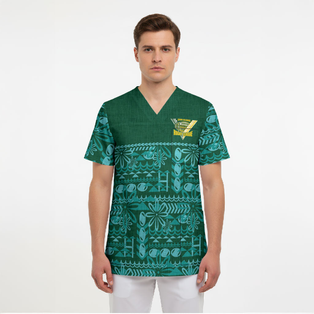 Cook Islands Island Floral Scrub Top Teal Traditional Kuki's Geometric Pattern LT9 - Polynesian Pride