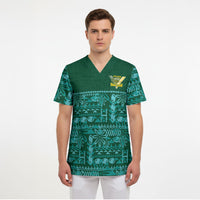 Cook Islands Island Floral Scrub Top Teal Traditional Kuki's Geometric Pattern LT9 - Polynesian Pride