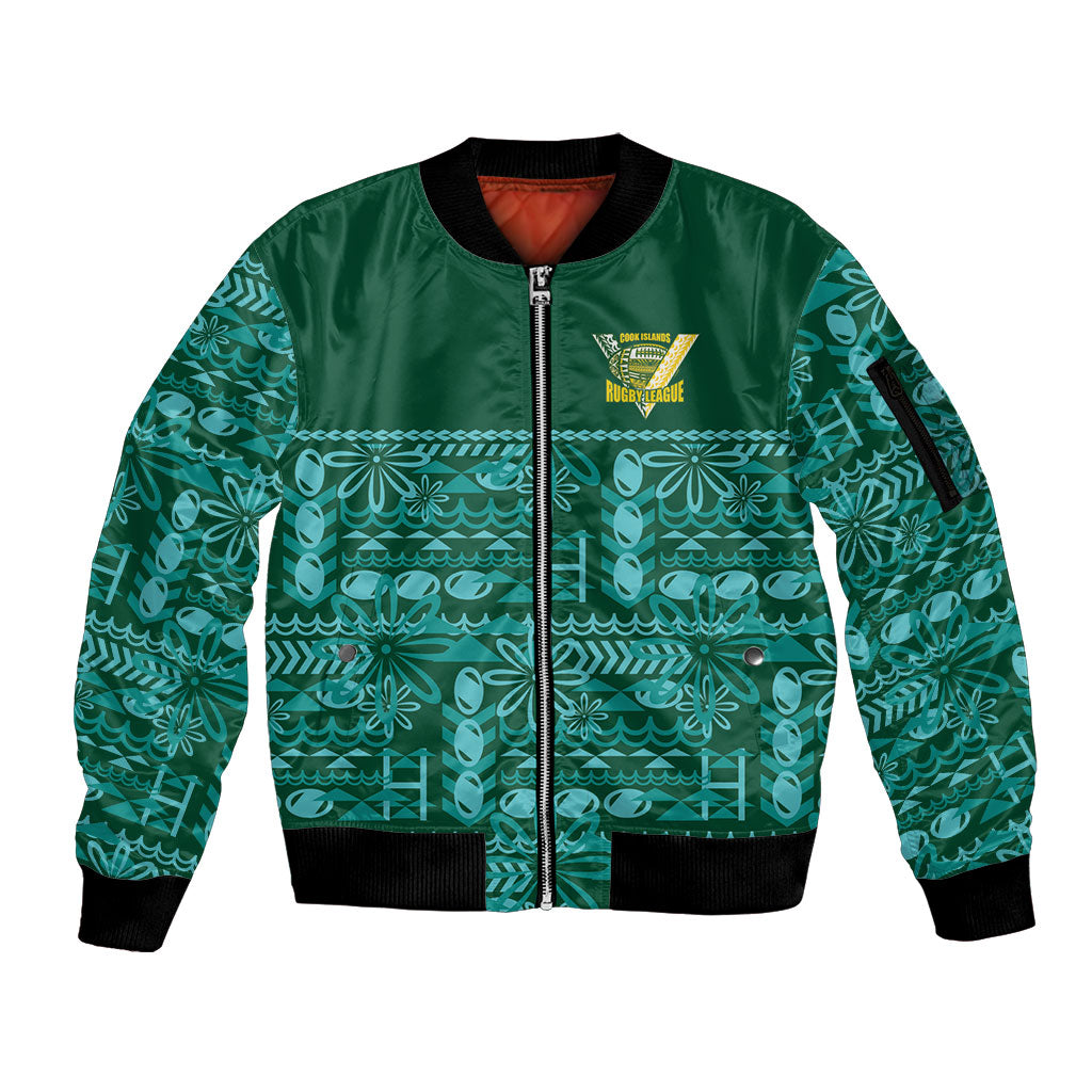 Cook Islands Island Floral Sleeve Zip Bomber Jacket Teal Traditional Kuki's Geometric Pattern LT9 Unisex Teal - Polynesian Pride