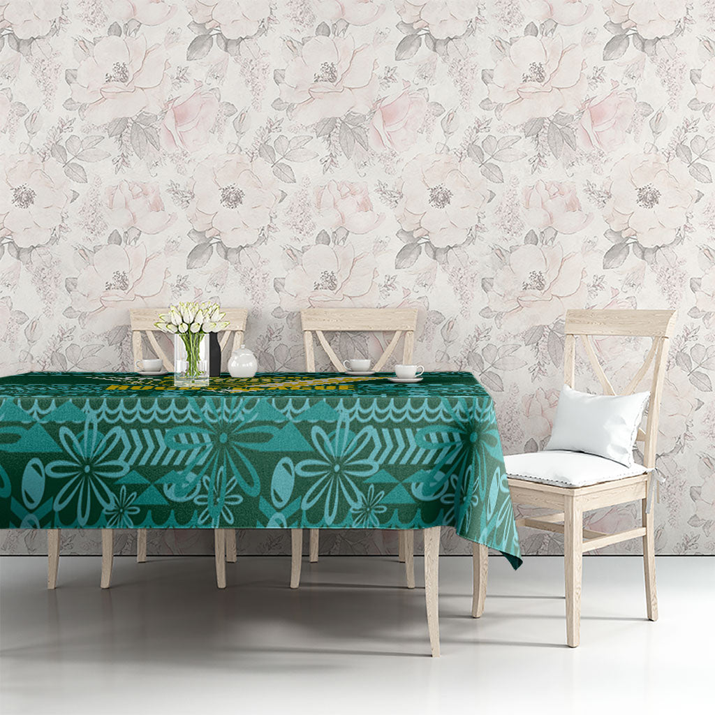 Cook Islands Island Floral Tablecloth Teal Traditional Kuki's Geometric Pattern LT9 - Polynesian Pride