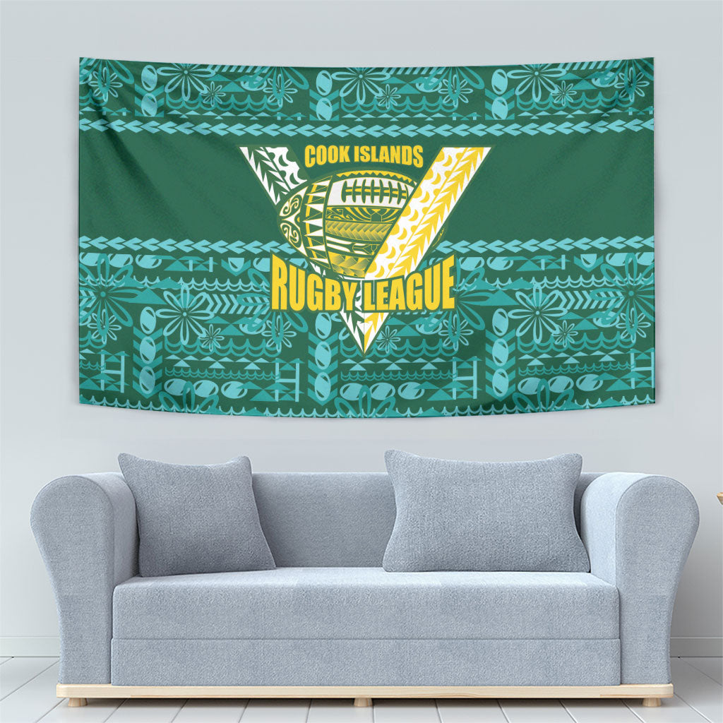 Cook Islands Island Floral Tapestry Teal Traditional Kuki's Geometric Pattern LT9 - Polynesian Pride