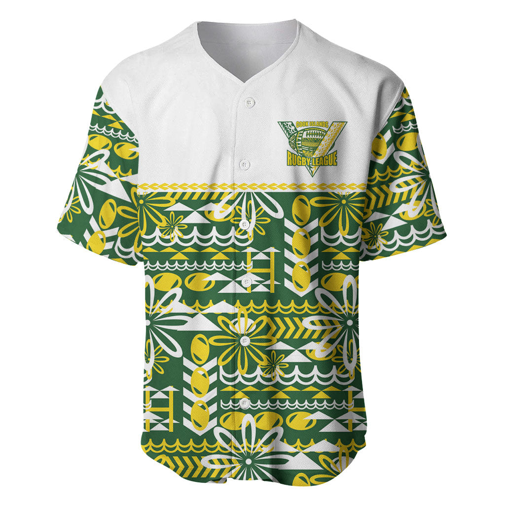 Cook Islands Island Floral Baseball Jersey Green Traditional Kuki's Geometric Pattern