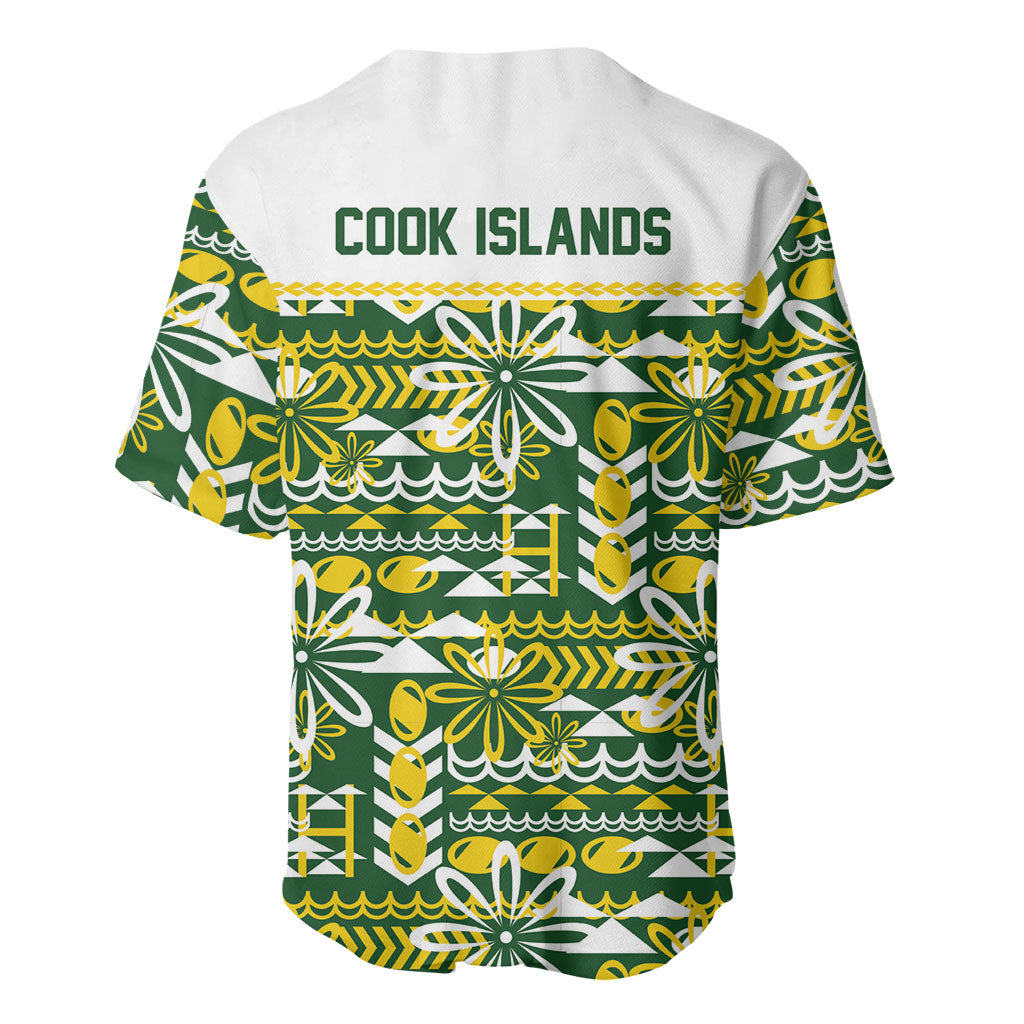 Cook Islands Island Floral Baseball Jersey Green Traditional Kuki's Geometric Pattern LT9 - Polynesian Pride