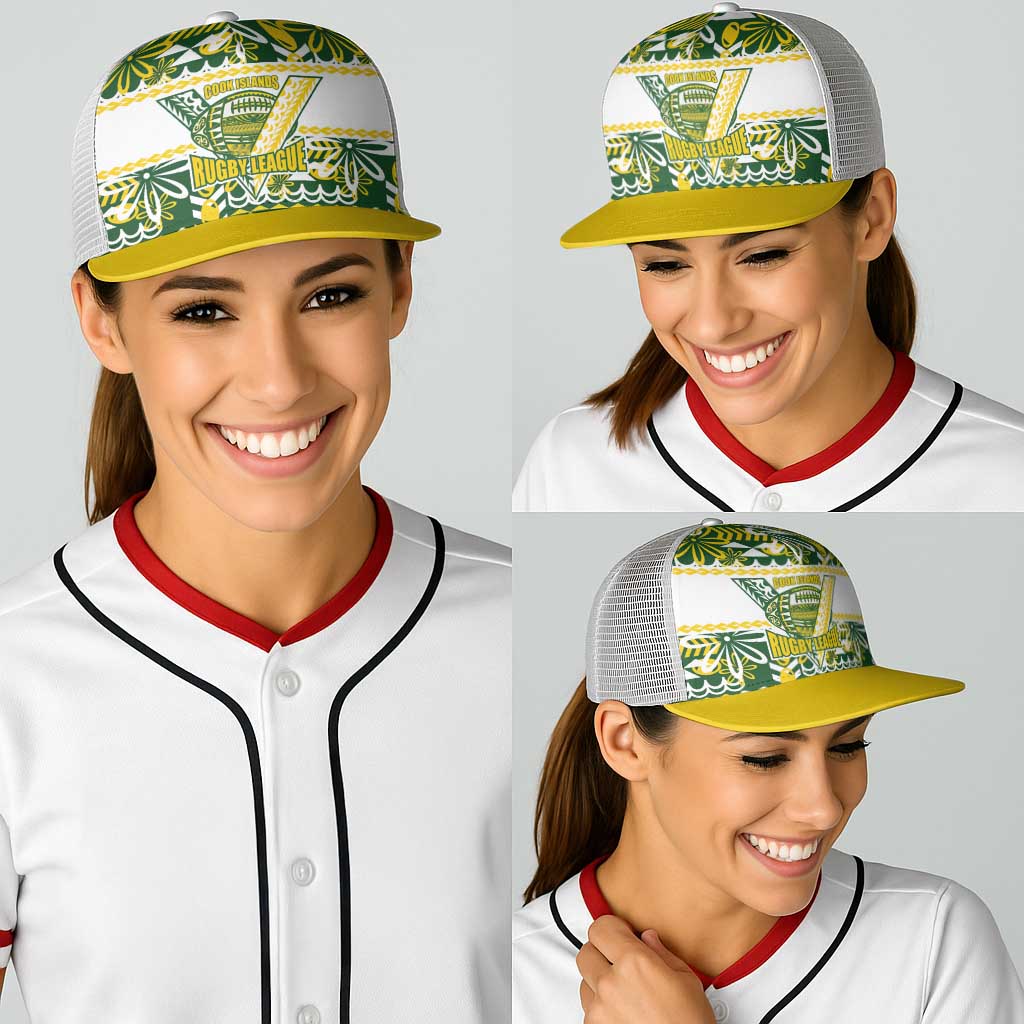 Cook Islands Island Floral Baseball Net Cap Green Traditional Kuki's Geometric Pattern LT9 - Polynesian Pride