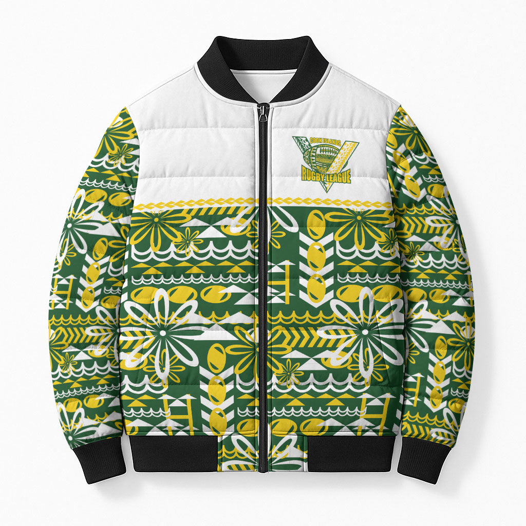 Cook Islands Island Floral Bomber Puffer Jacket Green Traditional Kuki's Geometric Pattern LT9 Unisex Green - Polynesian Pride