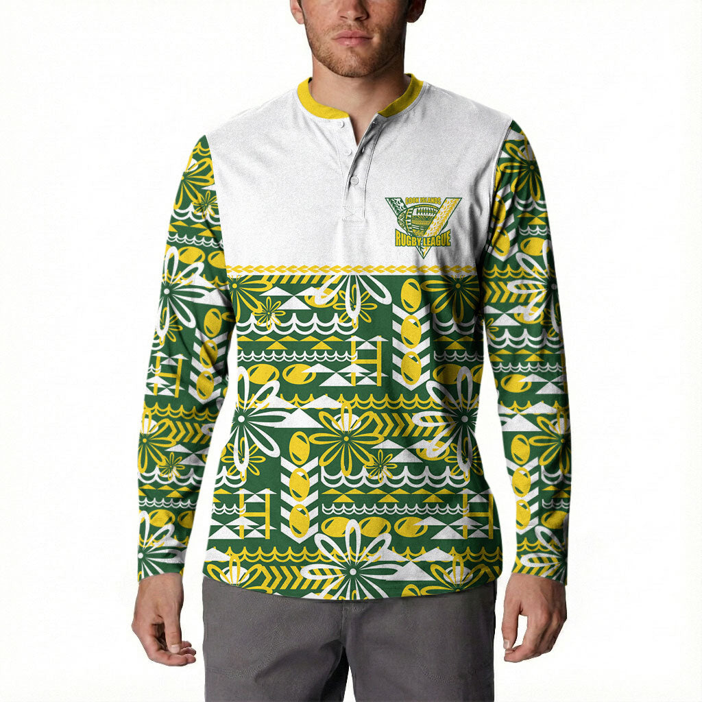 Cook Islands Island Floral Button Sweatshirt Green Traditional Kuki's Geometric Pattern LT9 - Polynesian Pride