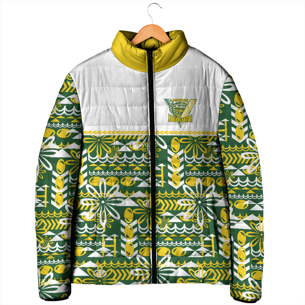 Cook Islands Island Floral Padded Jacket Green Traditional Kuki's Geometric Pattern LT9 - Polynesian Pride